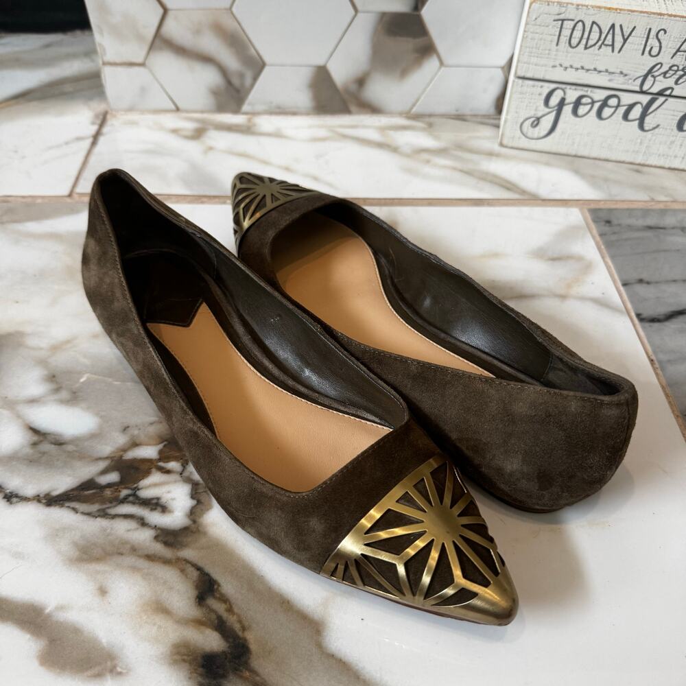 Brian Atwood Pointed Toe Flats Size 7 B-Shini Olive Green Suede Metal Art Tip